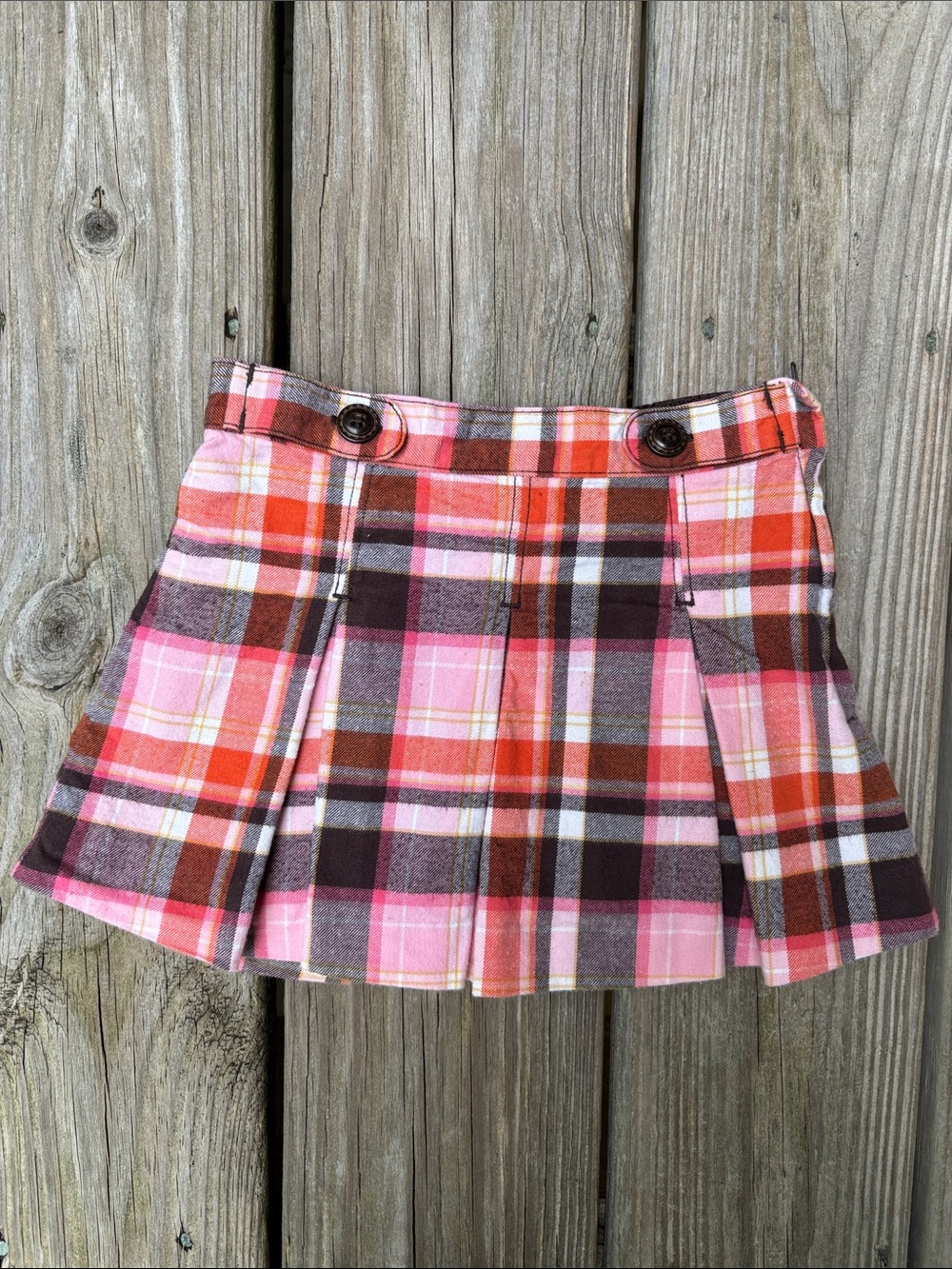 Janie and Jack Girls Preppy Pleated Plaid Skirt Pink Orange Brown Size 18-24 mo